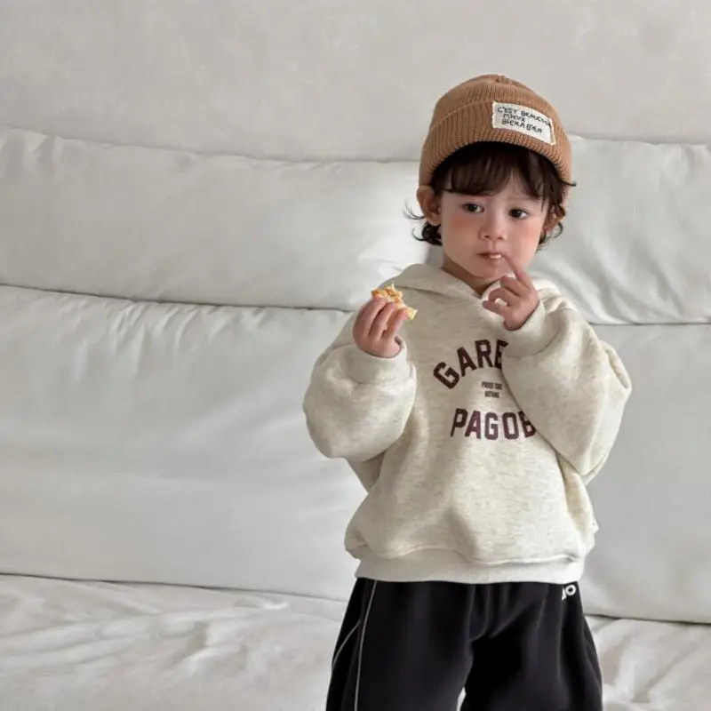 

2025 Winter New Baby Fleece Hooded Sweatshirt Cotton Boys Girls Letter Print Pullover Plus Velvet Thick Toddler Warm Clothes