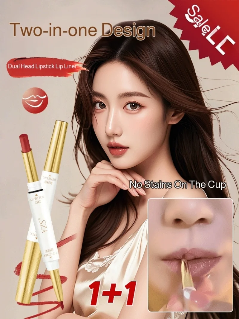 Rossetto opaco antiaderente a doppia testa Contorno naturale Matita per labbra Opaco Impermeabile Sbiancante Nebbia morbida Colore delle labbra Non facile da sbiadire