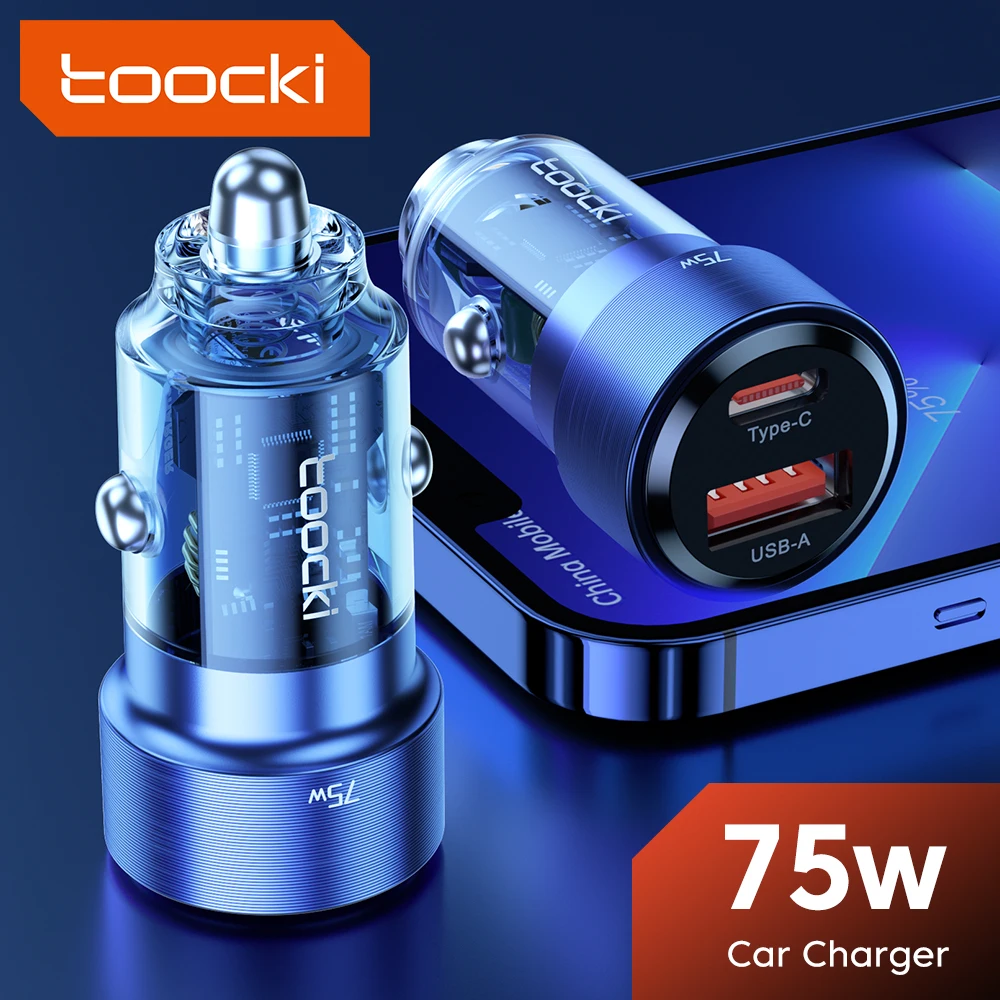 Toocki 75w usb c carregador de carro qc 4.0 pd 3.0 carregamento rápido transparente carregador de carro para iphone 16 15 pro max xiaomi samsung huawei