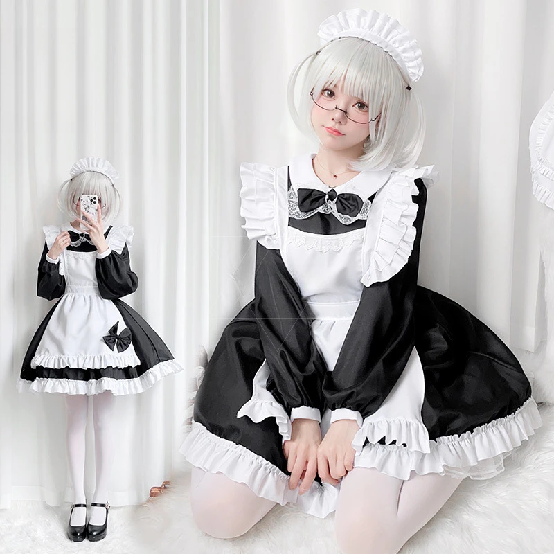 プラスサイズ-ゴシックメイドセット-黒白ティアードロリータドレス-エプロン-リボンセット-カービー-アニメ-カフェユニフォーム-ハロウィン-ティーパーティー-コスプレ用