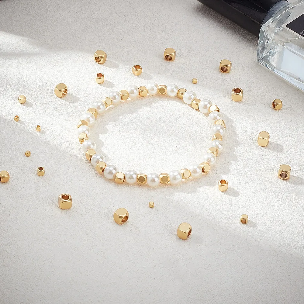 200pcs Cube Spacers 4 Sizes 18K Gold Plated Brass Cornerless Cube Metal Beads for Stackable Bracelet Necklace Jewelry Making