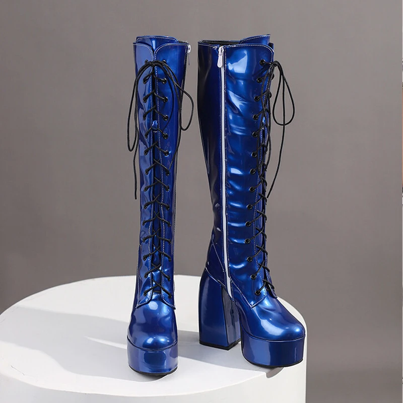 Blue Green Knee High Platform Boots Women Winter Thick High Heels Knight Boots Woman Large Size Patent Leather High Tube Shoes