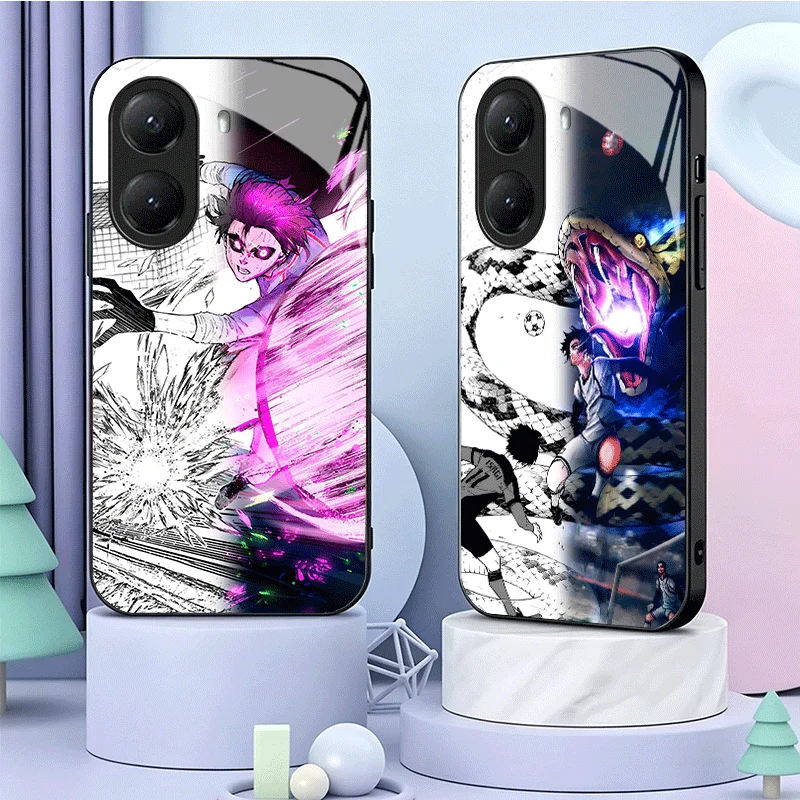 Blue L-Lock Football Anime Tempered Glass Phone Case for Xiaomi Poco M7 M8 X7 X8 Pro Max X6 X5 X3 Redmi 15 15C 14C 13C 15T 17T M