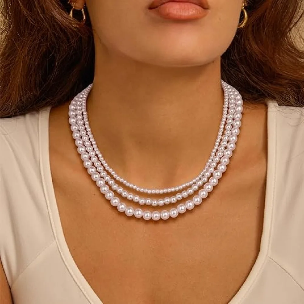 1 Pack Multi-Size Round Imitation Pearl Necklace for Women, Single Strand Glossy ABS Faux Pearl Choker Collarbone Chain, Elegant Temperament Jewelry for Wedding Party Daily Mother’s Day Birthday Gift