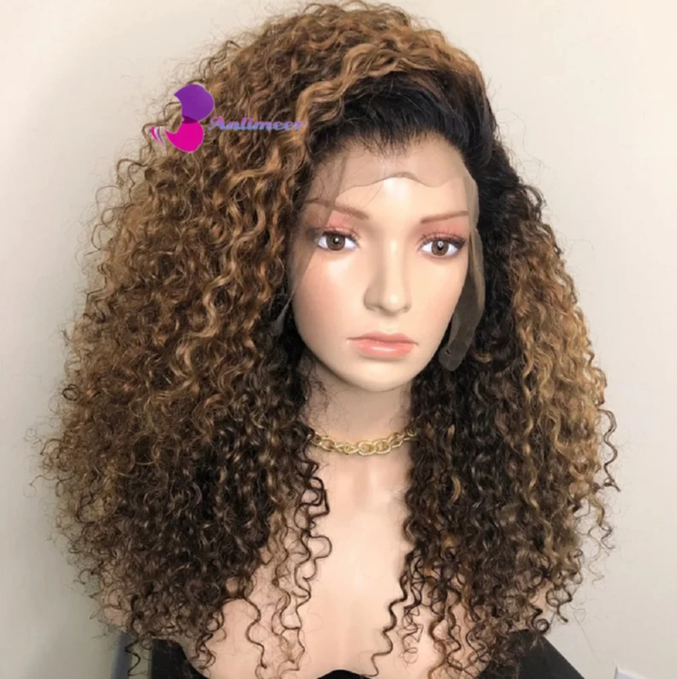 Side Part Brazilian 13x6 Human Hair Wigs Highlight Honey Brown Color Curly Afro Wig Silk Base Lace Front Wigs for Black Women