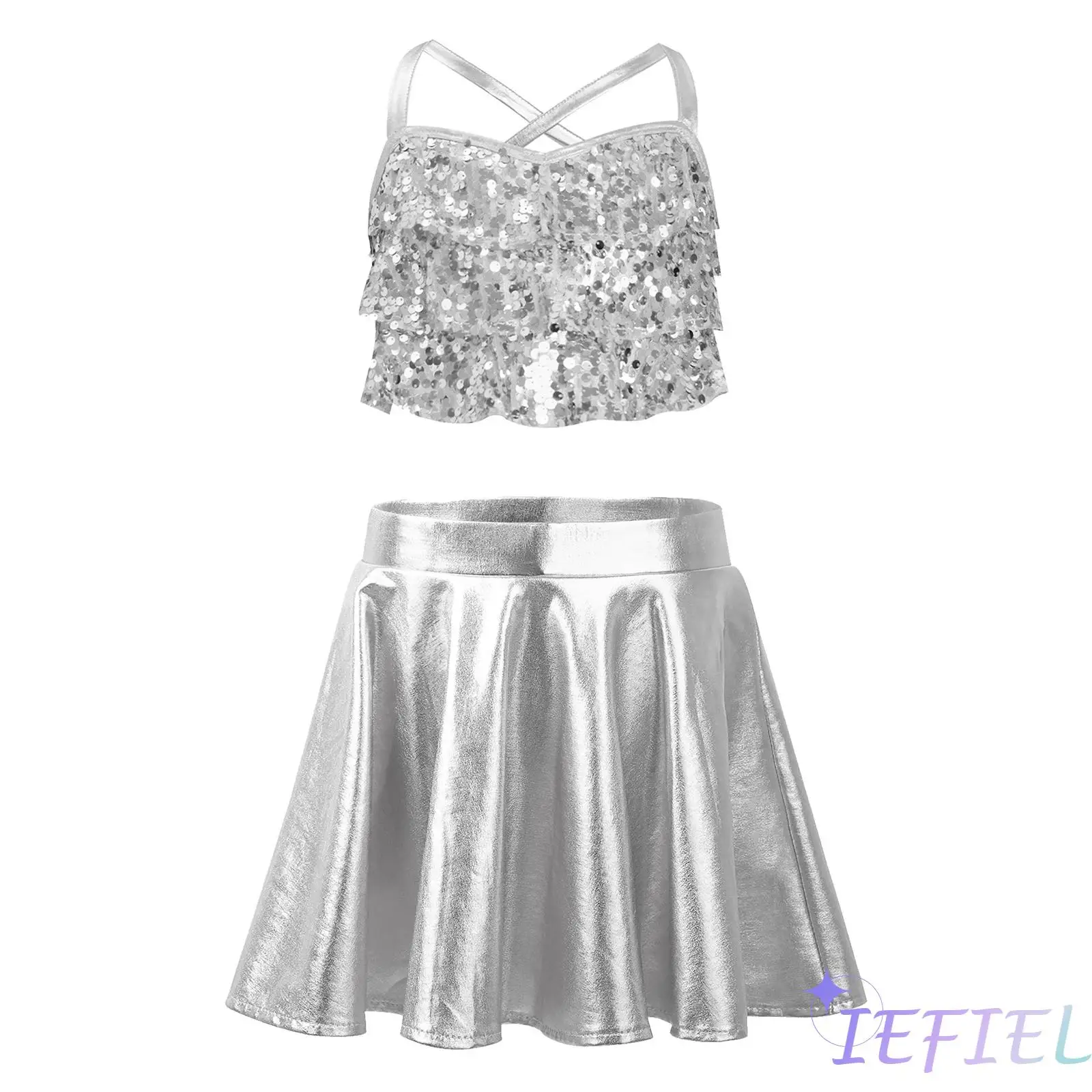 

Girls Jazz Dance Performance Costume Cross Back Glittery Sequin Tiered Ruffles Crop Top with Metallic Skirt for Jazz Latin Dance