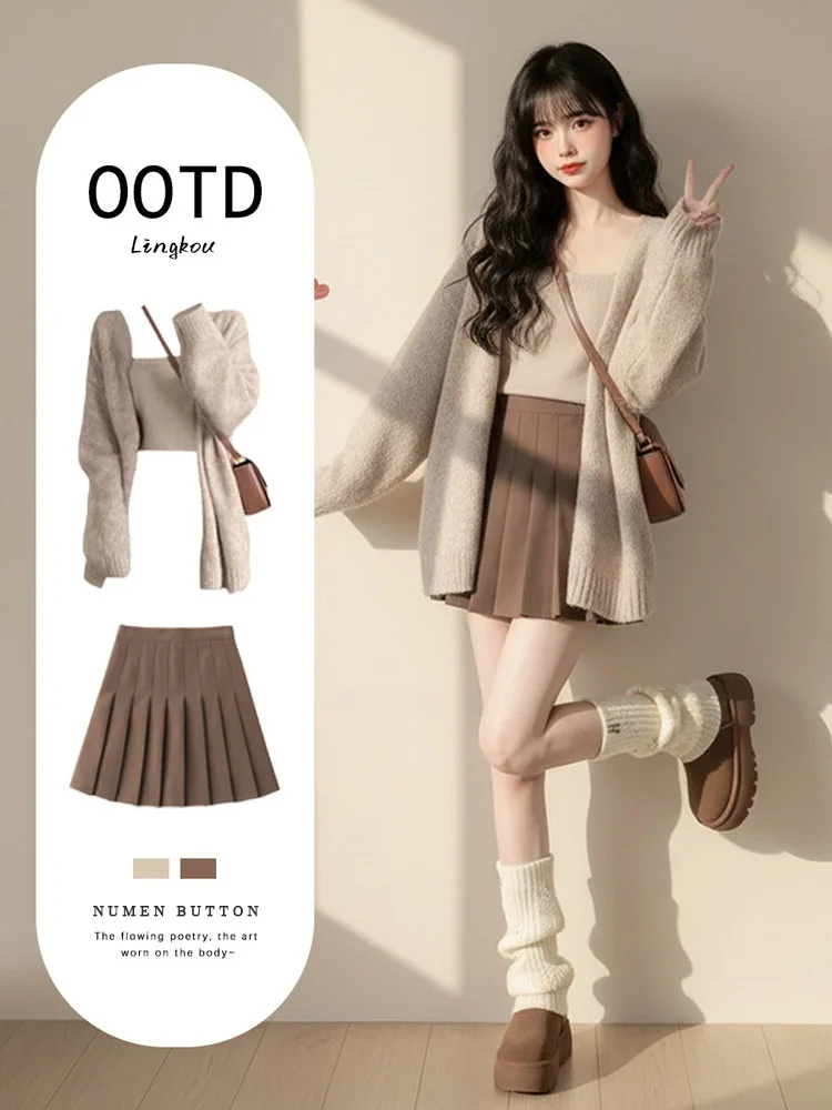 

Korean Style Knitted Cardigan And Belted Dress Set plus Size Autumn Winter Fashion Casual High Waist Short Skirt Three Piece Set