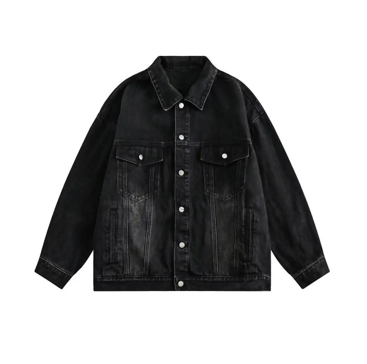 Unisex Oversized Denim Jacket Vintage Washed Fade Long Sleeve Lapel Button Down Trucker Coat