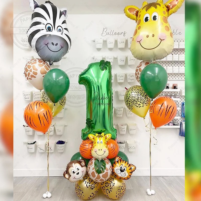 34Pcs Wild Jungle Party Theme Balloon Column Set Green Number Animal Head Foil Globs for Wedding Birthday Party Favors Decors