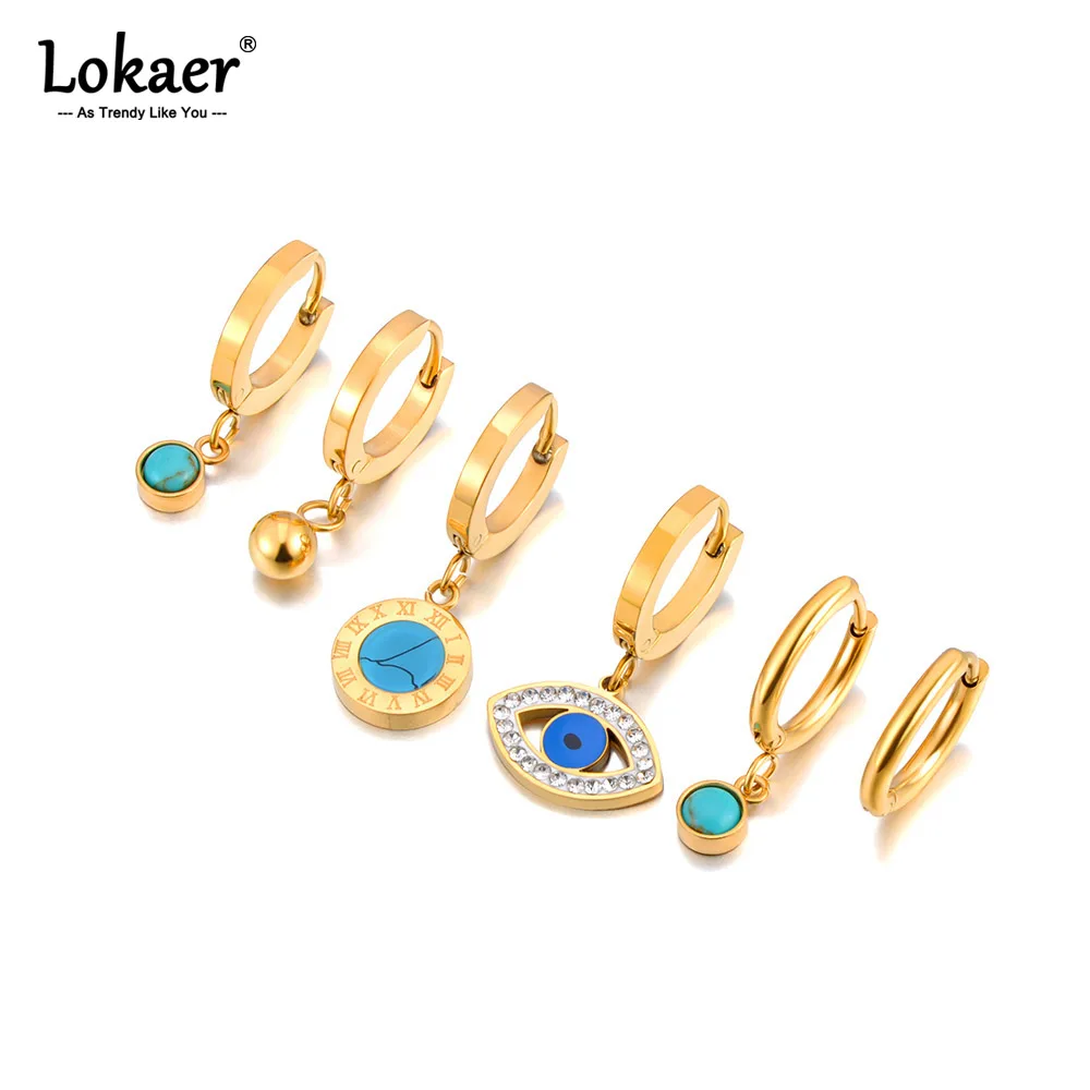 Lokaer 3 paar/satz Edelstahl blauen Stein Auge Charme Ohrringe für Frauen Mädchen Strand Strand Urlaub Sommer Schmuck Bijoux E24145