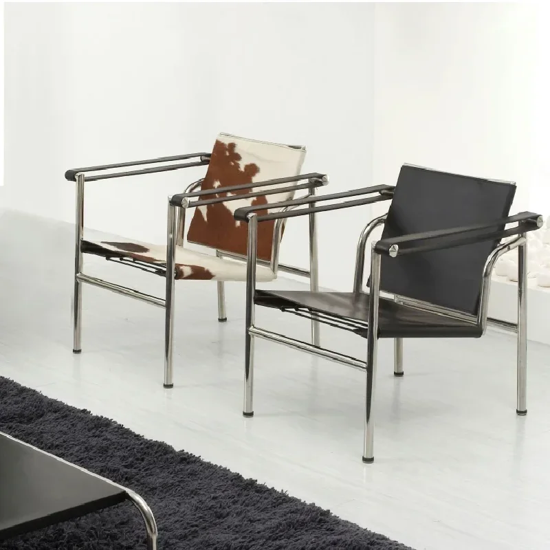 Lounge Leisure PU Leather Cow Leather Stainless Steel Frame Chair For Living Room Corbusier Metal Sillones Furniture