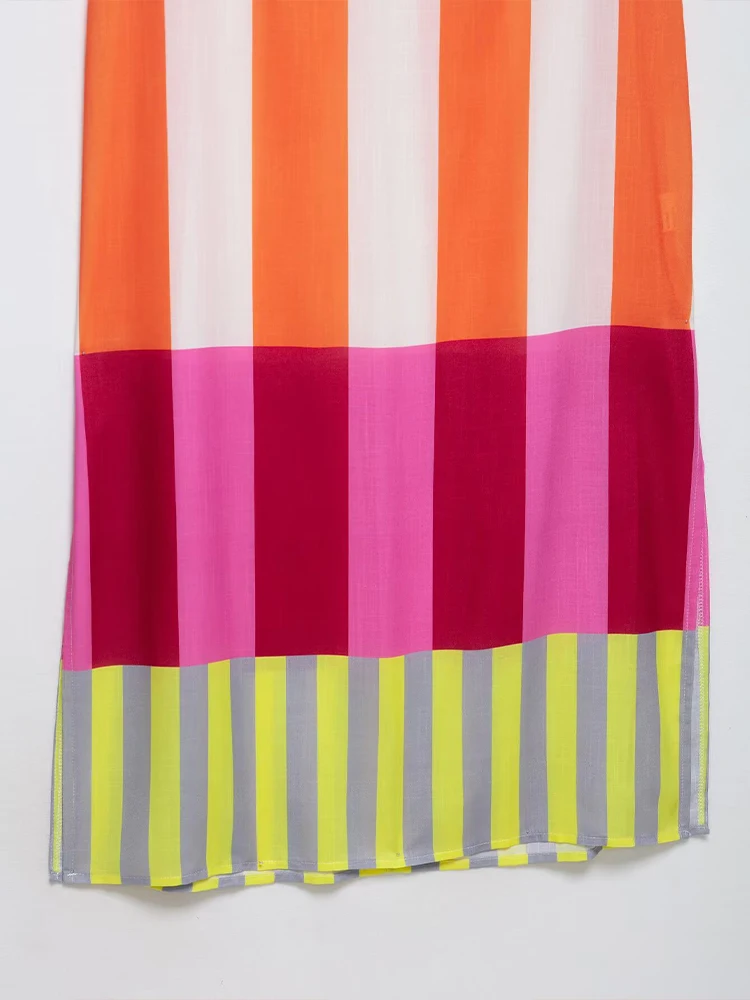 Europäischer und amerikanischer Stil, neue Damenmode, farblich abgestimmt, gestreift, Schlitz, Schleife, Dekoration, Puffärmel, V-Ausschnitt, langer Rock