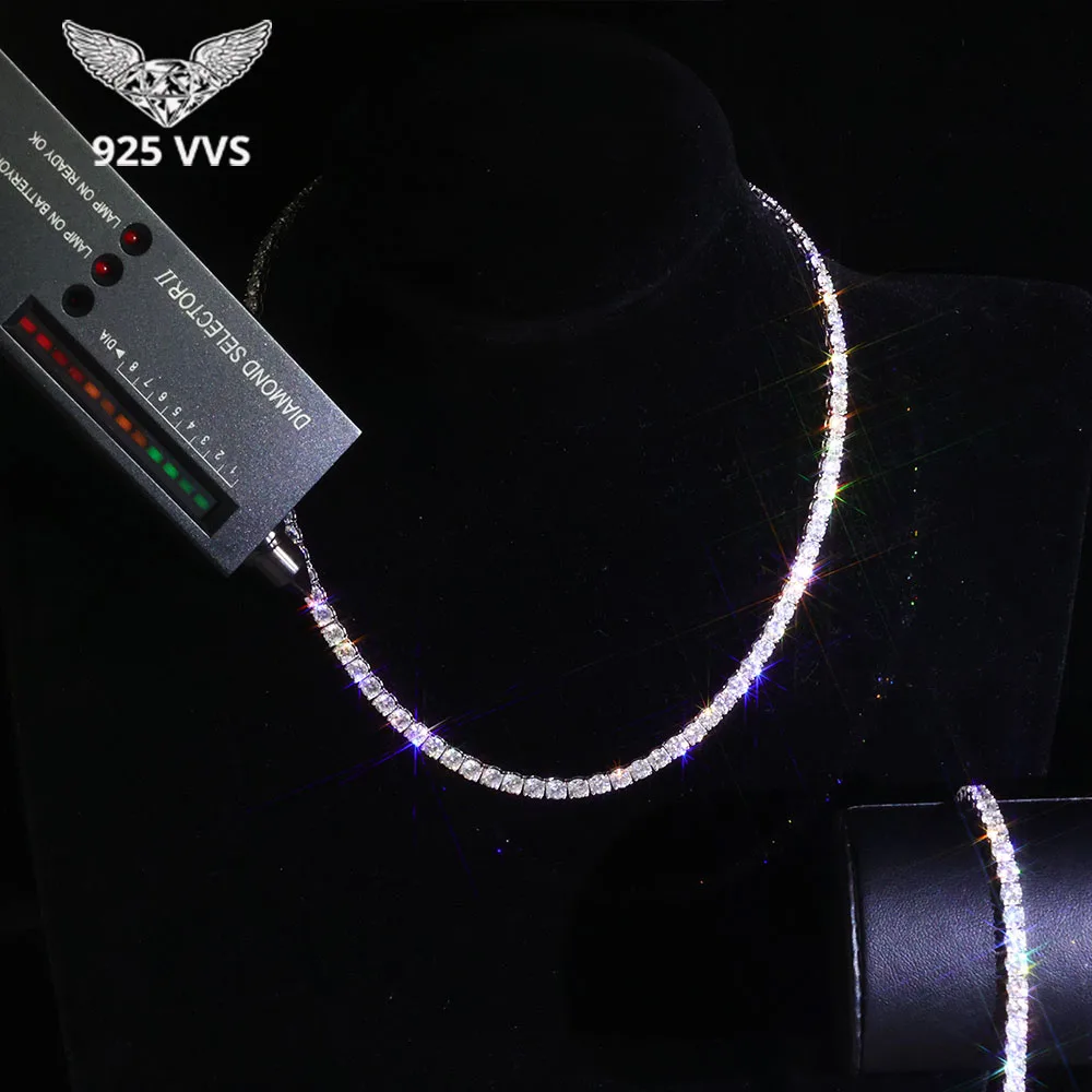

Moissanite Diamond Tennis Chain Hip Hop 925 Sterling Silver VVS 4mm Tennis Necklace Wedding Engagement Jewelry