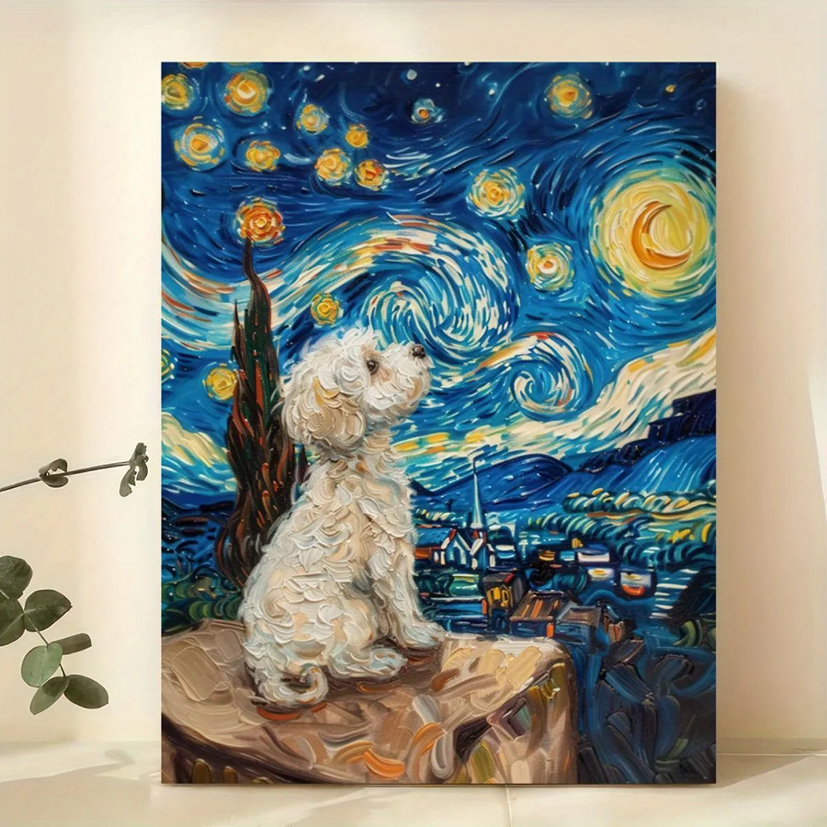 Póster en lienzo, regalos Maltipoo, arte inspirado en la noche estrellada, arte de pared para sala de estar, decoración de pared, para dormitorio, decoración del hogar, F