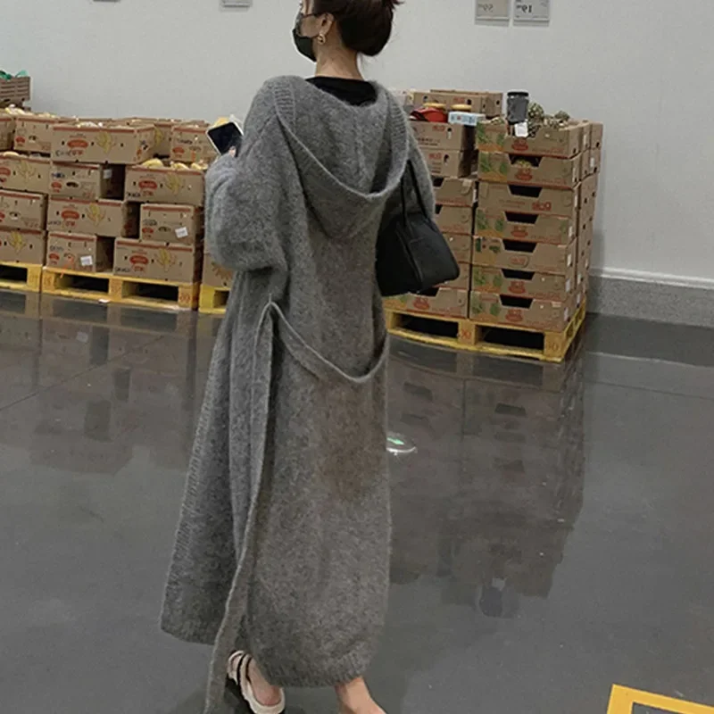 Cappotto lungo da donna Cardigan cappotti spessi maglioni tasche con cappuccio Maxi Y2k grigio giuntura Casual caldo punto aperto autunno inverno