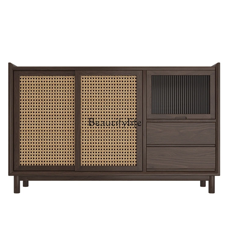 

Nordic Solid Wood Sideboard Walnut Storage Rattan Multi-Functional Storage Cabinet