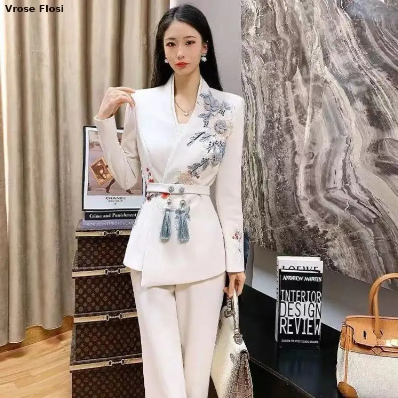 New 2024 Chinese Style White Blazer For Women Design Solid Medium Long Coat Office Female Overcoat Spring Autumn Blazers Ladies