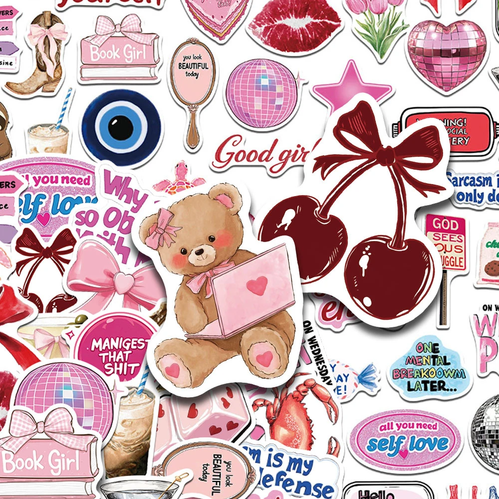 

10/30/50pcs Kawaii Pink Waterocolor Aesthetic Stickers Cartoon Inspirational Decals Scrapbook Suitcase Phone Cute Girl Sticker