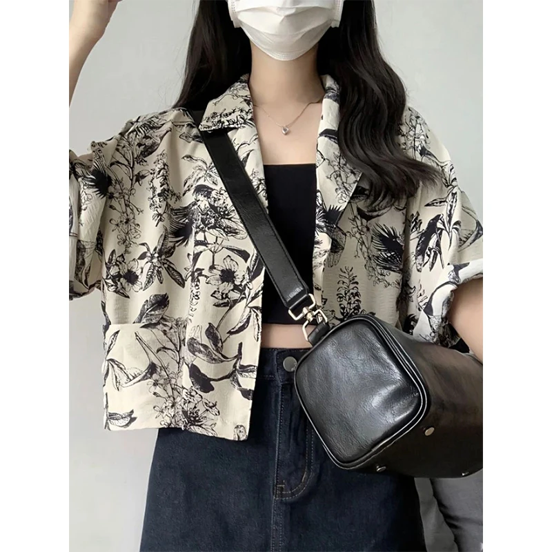 MEXZT Vintage Floral Shirts Women Print Short Sleeve Crop Blouses Summer Streetwear Harajuku Korean Loose Casual All Match Tops