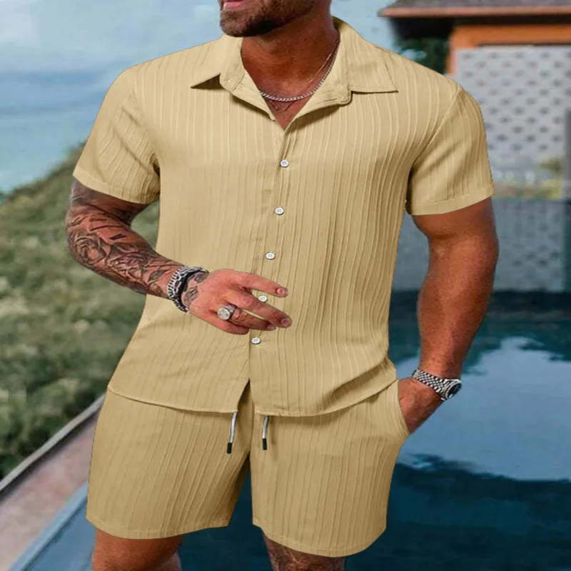 2024 New Casual Striped Short Sleeve Suit Solid Color Loose Short Sleeve Drawstring Shorts Two-Piece Beach Style Suit