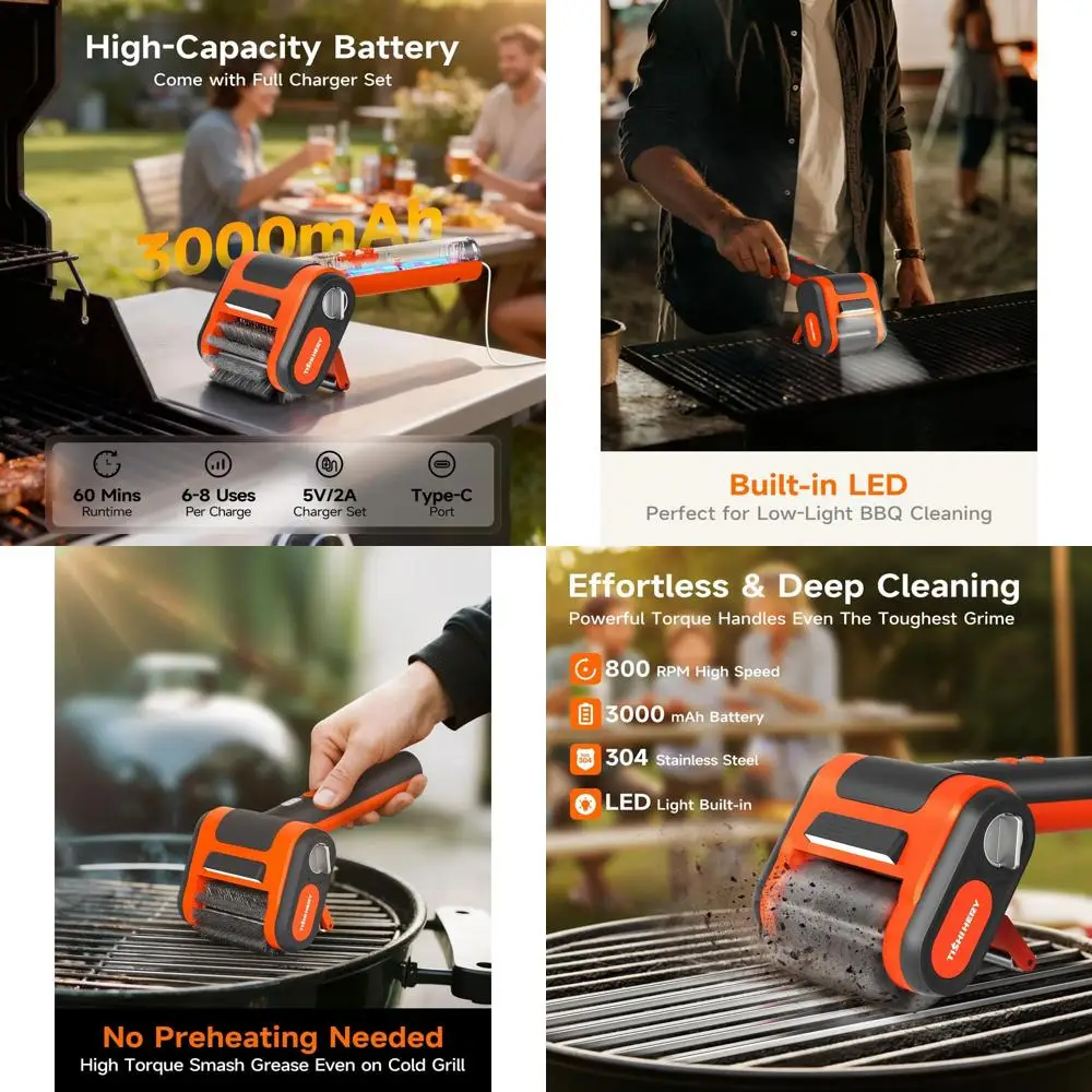 

Rechargeable Cordless BBQ Grill Cleaner with LED Light, 800 RPM Brush Head, 3000mAh Battery, No Preheating Needed, Stainless Ste