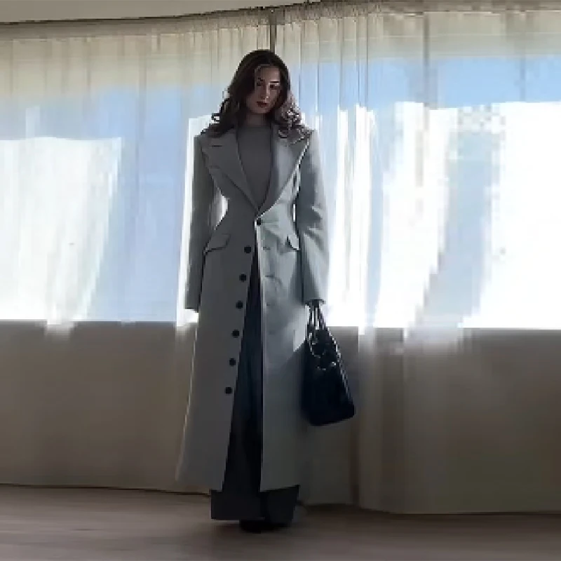 

Fashion Waist Cinched Woolen Long Coat Women's Lapel Versatile V-neck Shoulder Pad Coat 2025 New Lady Elegant Commuter Outwears