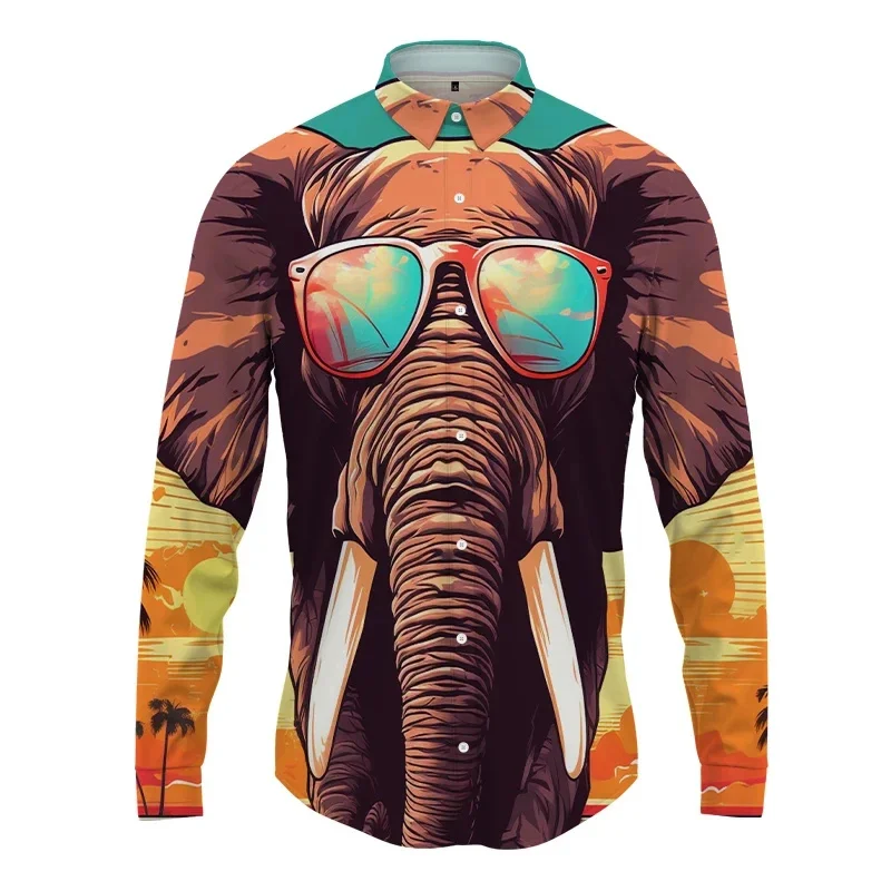 Animal Lapel Men Shirt Elephant 3D Print ManWomen Casual Fashion Long Sleeves Shirts Button Streetwear Oversized Unisex Clothes