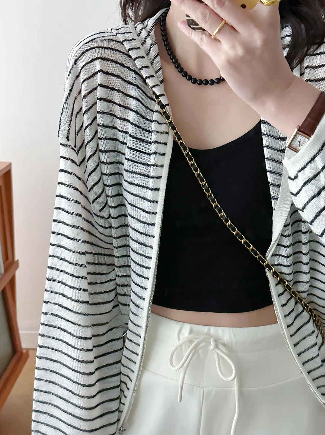 

Легкий вязаный кардиган на молнии для женщин, в полоску, с длинными рукавами, защита от УФ-излучения, модная молодежная верхняя одежда для отпуска