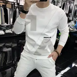 Thin and Flannel Slim Fit Round Neck Hoodie for Spring Autumn and Winter Men's T-shirt Long Sleeved Top Trendy
