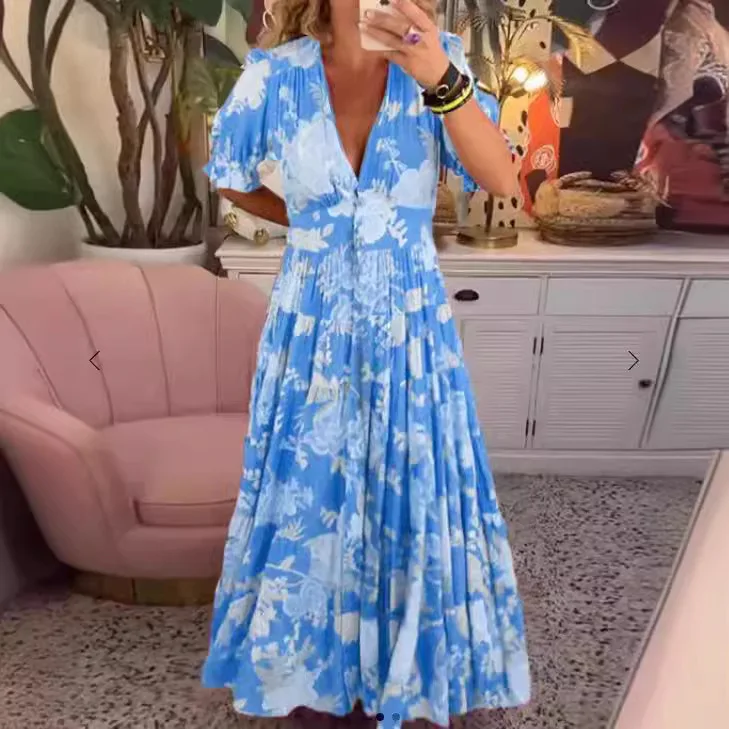 2025 Sping Summer Boho Donna Maxi Dress Casual Manica corta A-line Balza Beach Abiti da donna Abiti floreali Vestidoes Mujer