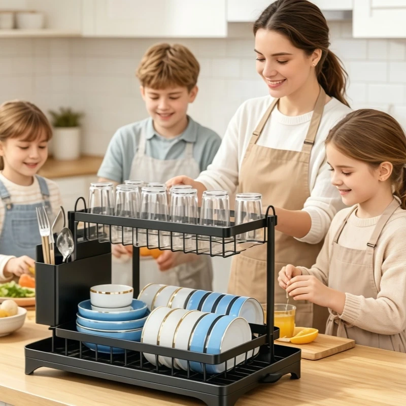 

2-Tier Rotating Dish Drying Rack – 360° Swivel Drainboard with Utensil Holder, No-Drill Metal Kitchen Organizer