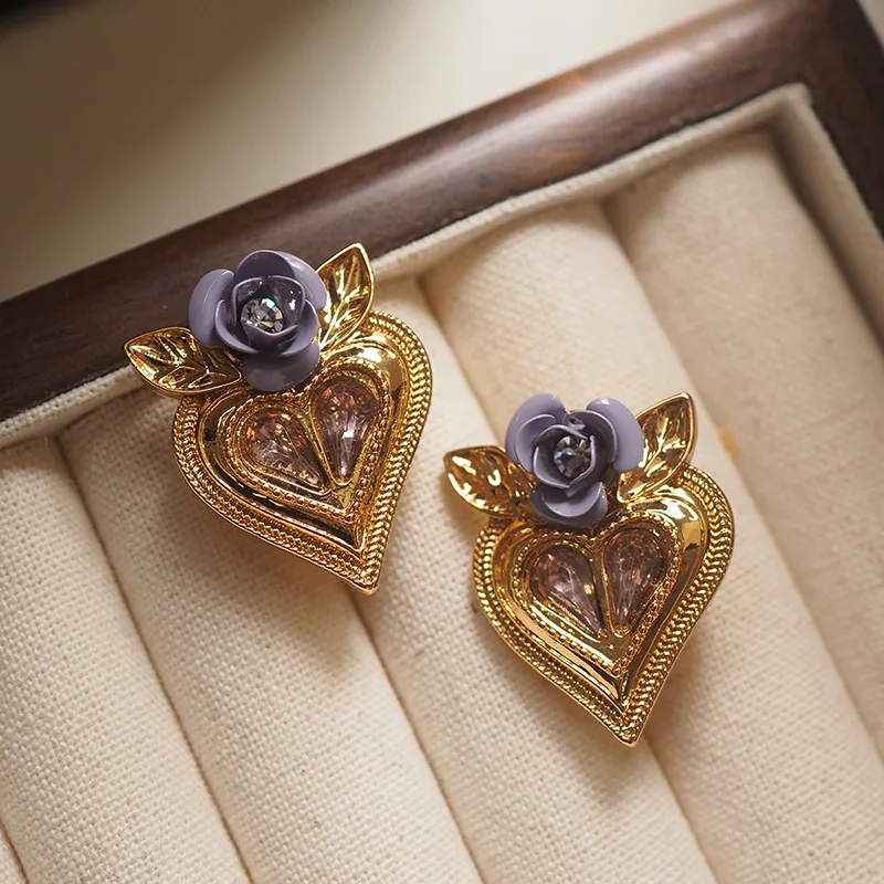 

Vintage Euro-American Style Distressed Heart & Dark Rose Earrings - Gemstone Stamped