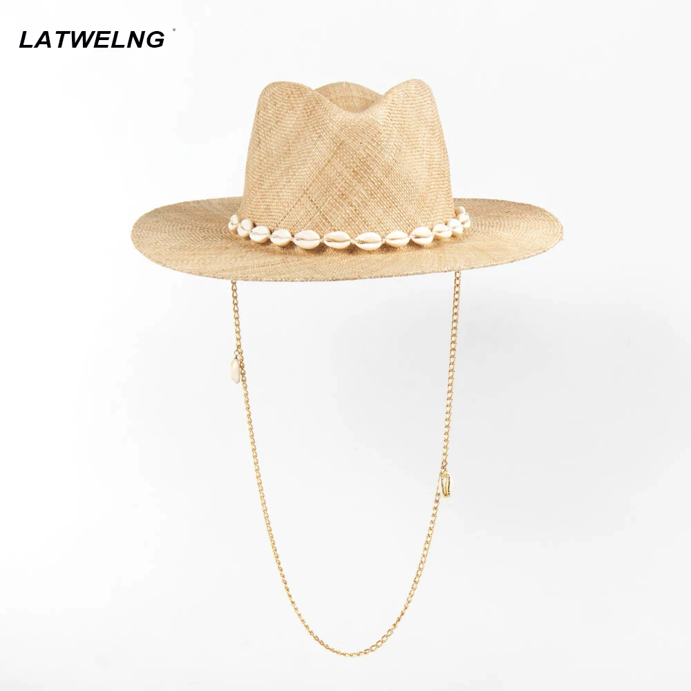 Design Panama Fedora Hat For Women Shell Summer Sun Hats With Neck Chain Strap Sunshade Beach Hat Ladies Raffia Party Hat