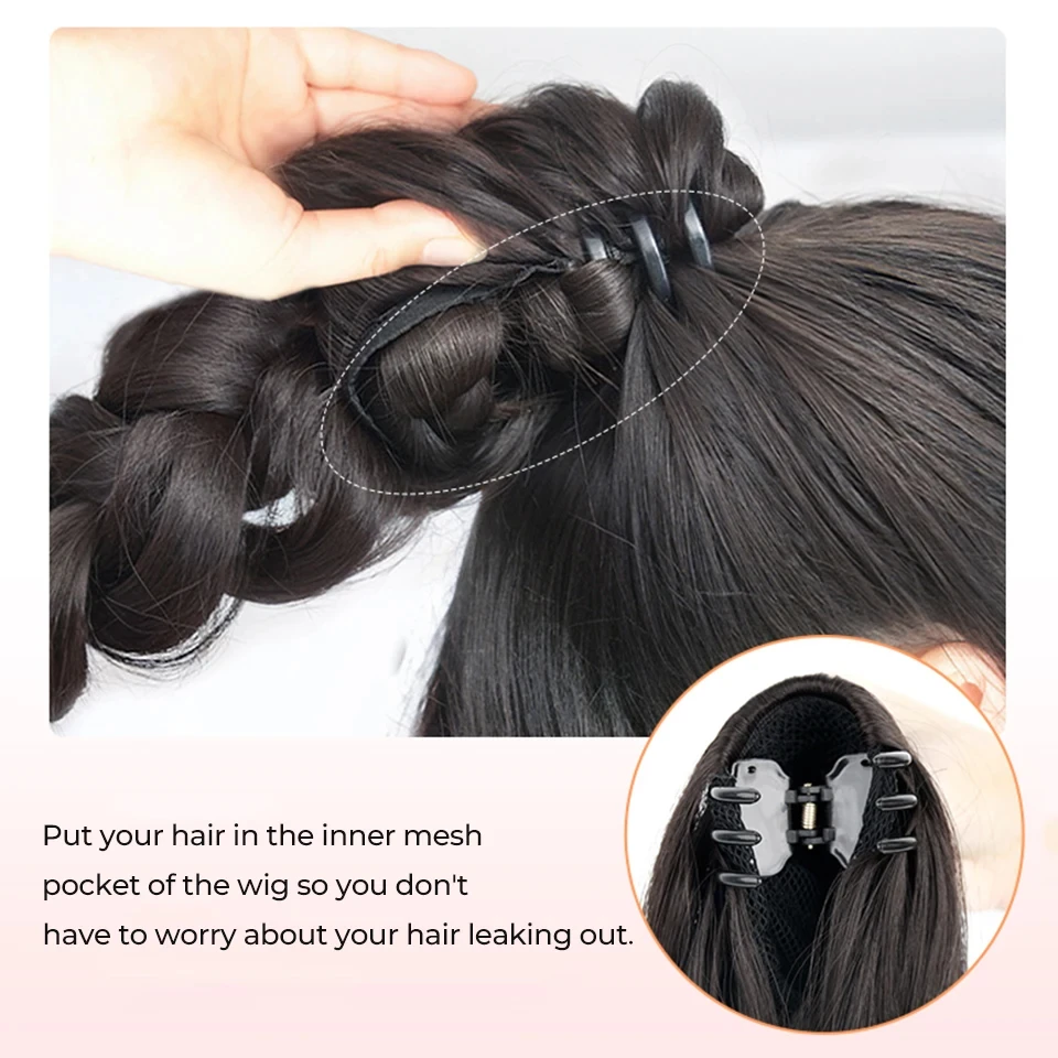 Synthetic Long Claw Clip On Bow Braid Ponytail Hair Extensions Heat Resistant Pony Tail Hair piece For Women Daily Party