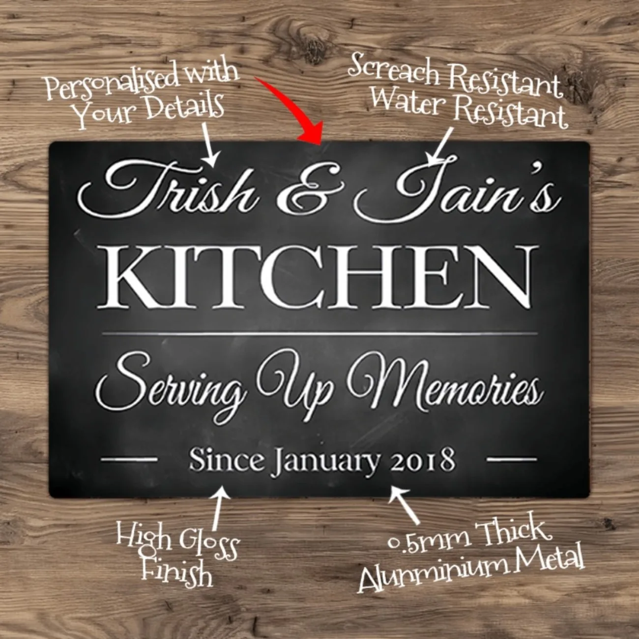 Personalized Aluminum Kitchen Sign - Vintage Retro Metal Wall Decor, Customizable with Text & Name.