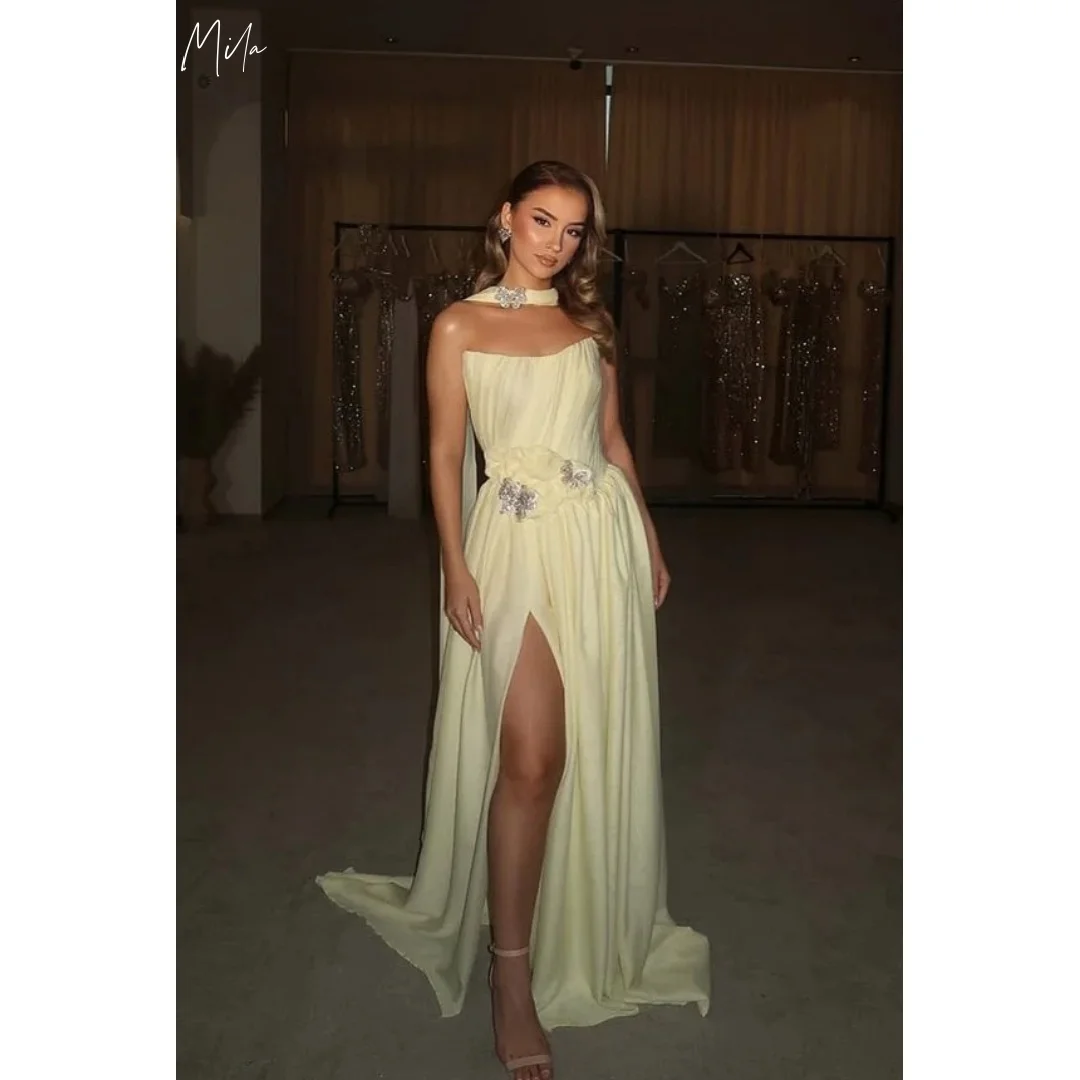 

Pale Yellow One-Shoulder Halter Customized Formal Evening Flowy Gown Waist Embellishment High Slit vestidos de gala Elegant