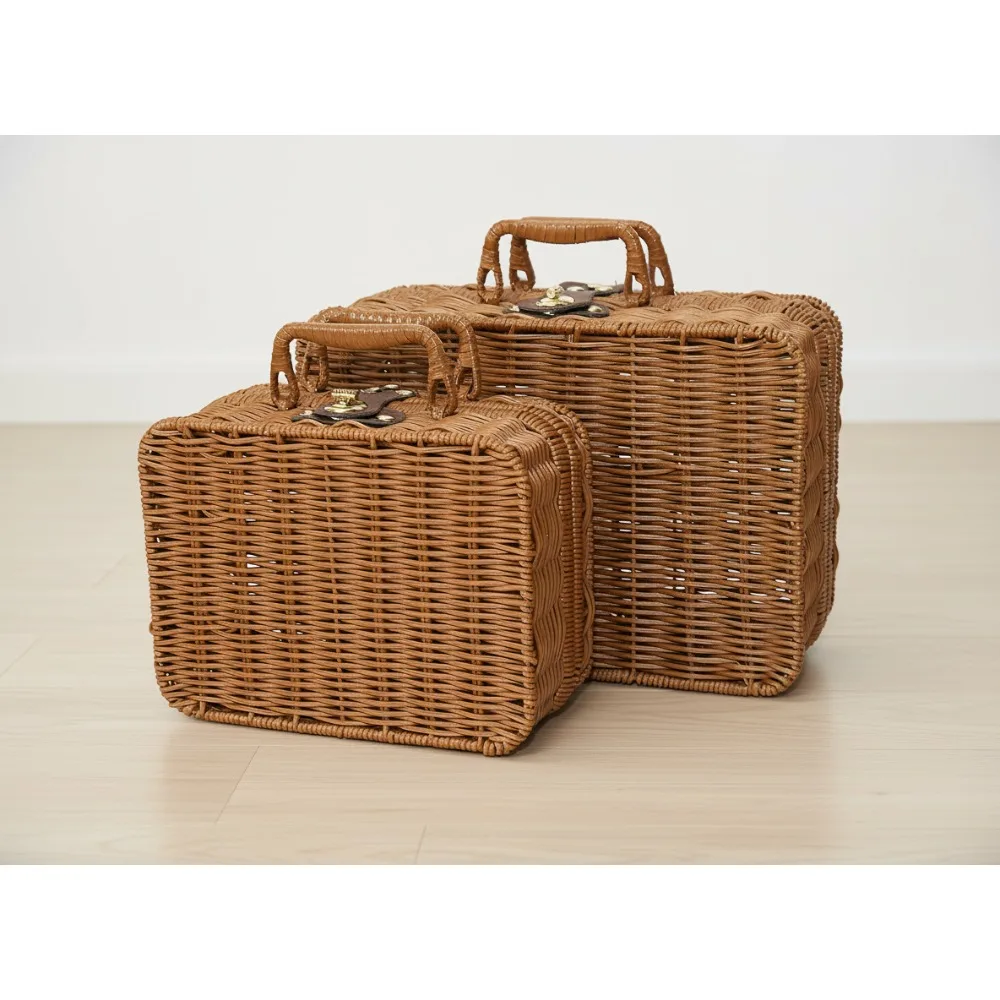 صندوق تخزين من الخيزران العتيق مع قفل معدني، سلة نزهة من الخوص للسفر والتخييم ومنظم مكياج الحفلات الخارجية