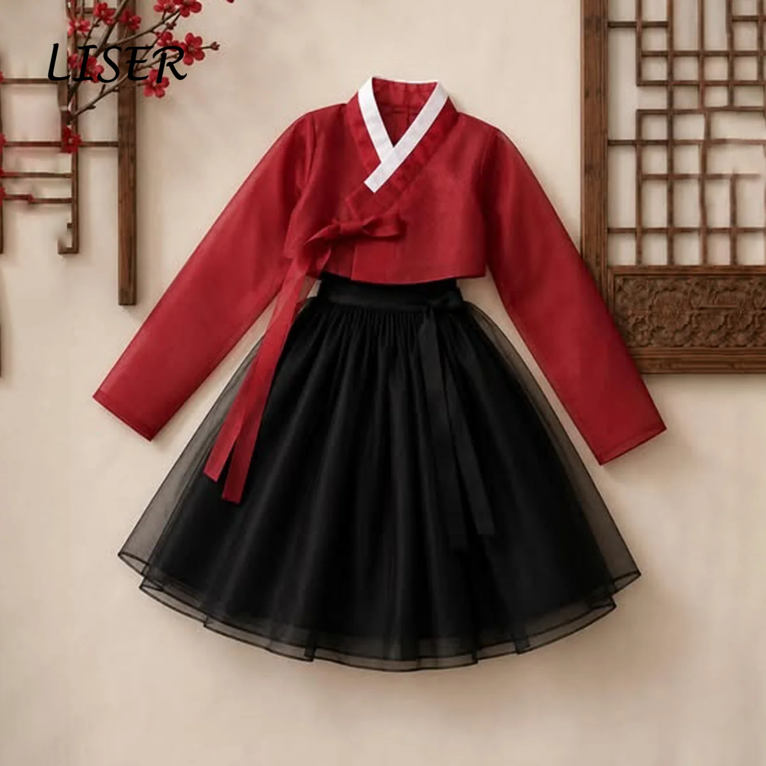 Liser Customized Stunning Hanbok Red Long Sleeve Blouse Black Tulle Skirt Korean Traditional For Stage Performance Photo Shoot