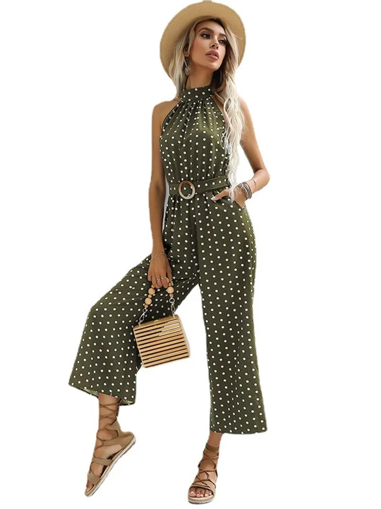 Summer Women Casual Jumpsuit Fashion Elegant  Polka Dot Print Wide-leg Long Romper Sexy Black Halter Jumpsuit With Belt New 2024