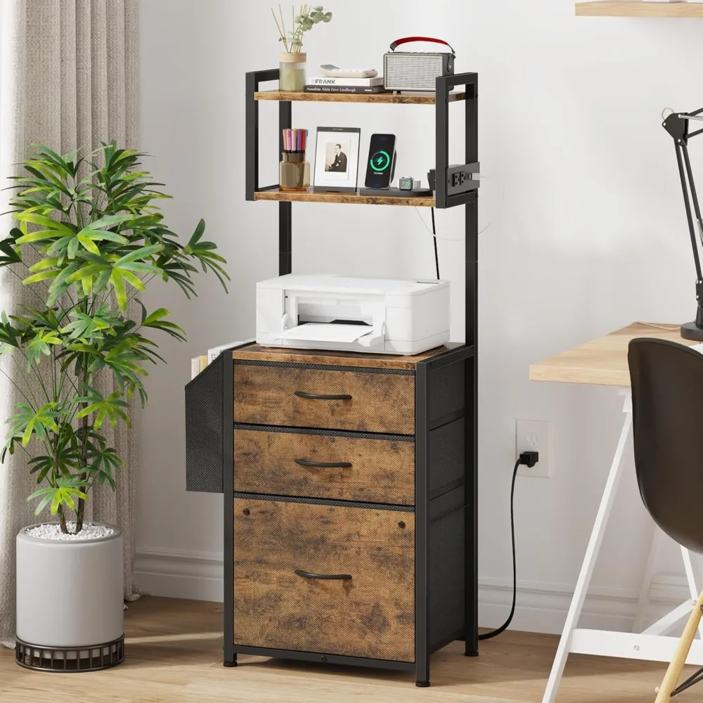 

3 Drawer File Cabinet with Charging Station (2AC&2USB), 3-Tier Tall Filing Cabinet for Home Office with Storage Shelf, Printer S