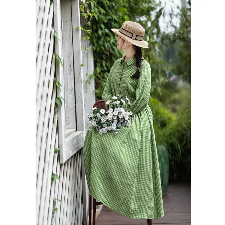 Długa lniana spódnica damska na jesień i zimę, w kratę, długa spódnica, uniwersalna spódnica w kształcie litery A, elegancka.