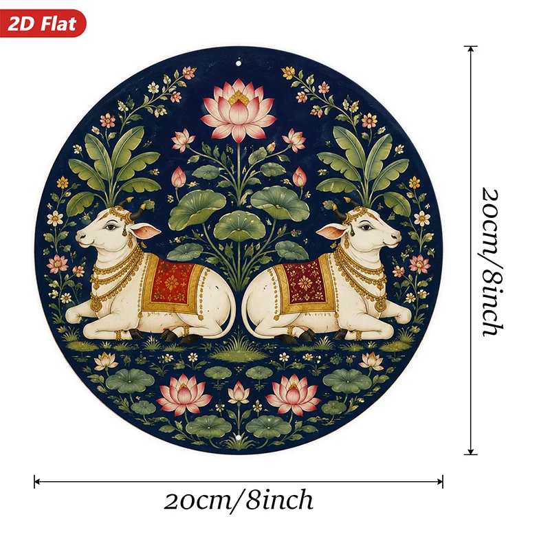 2D Flat, Lotus Cow Pair Round Metal Sign Wall Art, Mirrored White Cows, Pink Lotus Flowers, Home Decor, Green Lily Pads,