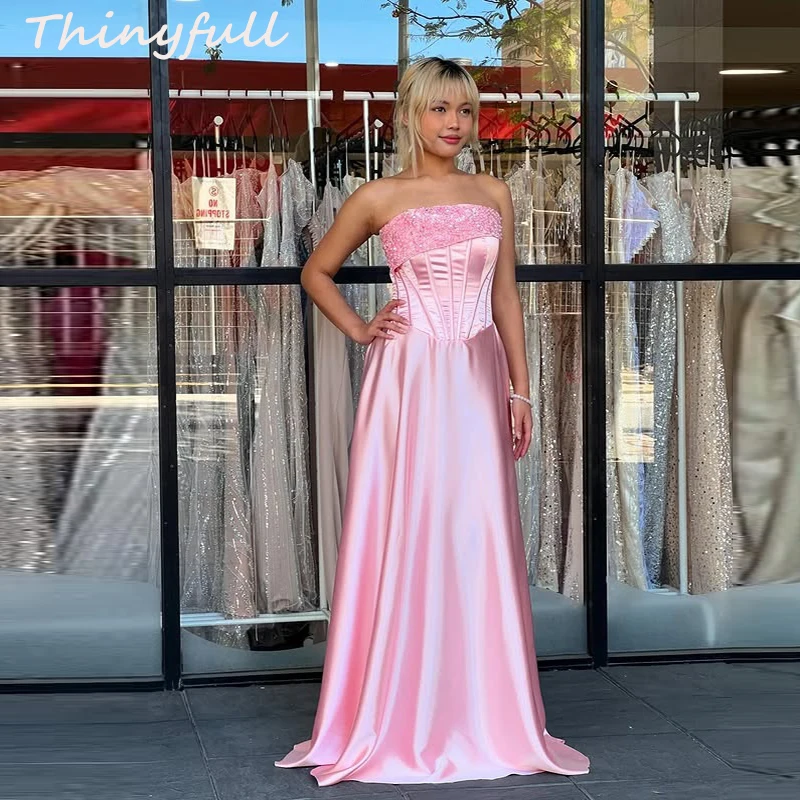 

Thinyfull A-line Satin Prom Dresses Strapless Sleeveless Evening Party Dress Elegant Long Special Occasion Gown Customized ﻿ ﻿