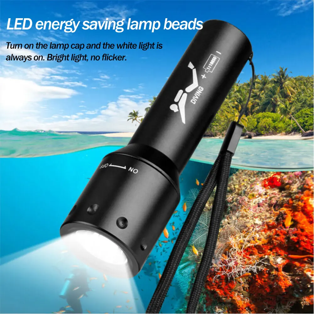 Waterproof LED Underwater 100m Scuba Diving Flashlight Bright Dive Torch On-Off Mode Lanterna USB Charging Lamp