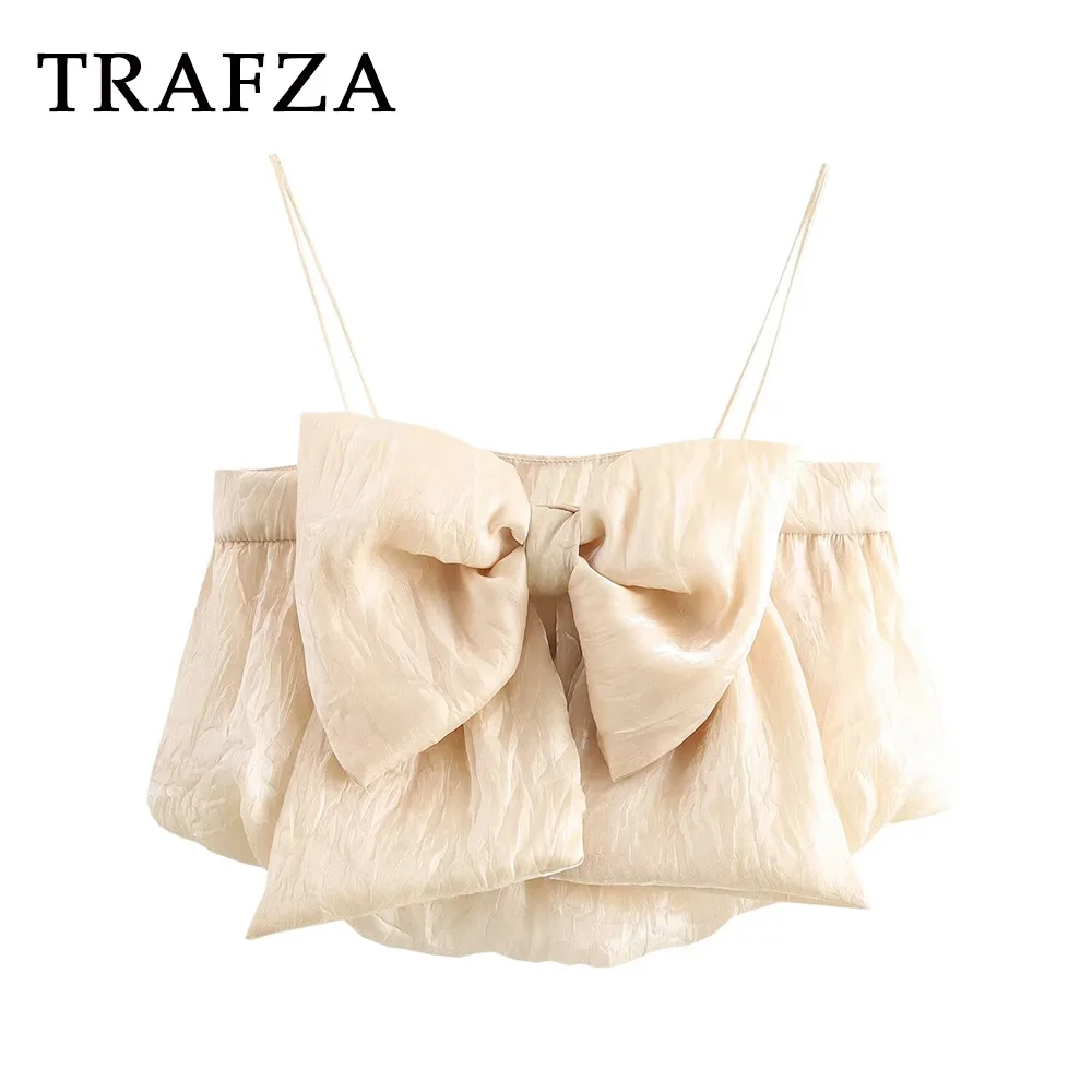 TRAFZA 2024 Chic Sweetheart Solid Beige Bow Sexy Strap Tops Fashion 2024 Night Party Club Sweet Y2K Women Fairycore Autumn Camis