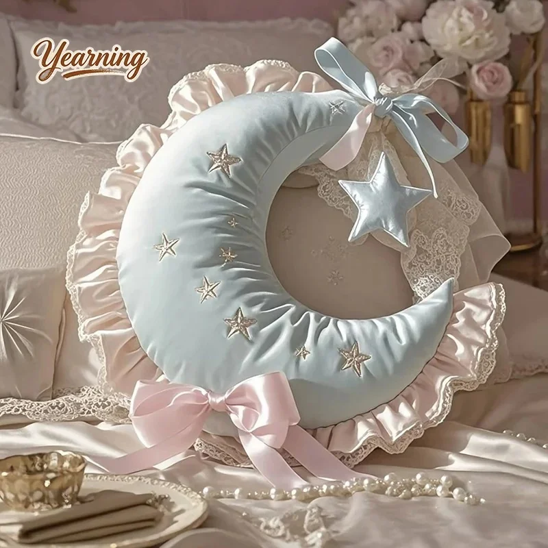 Cute Moon‑Shaped Plush Pillow Delicate Lolita Style Throw Cushion Soft Fluffy Aesthetic Room Ornament Elegant Home Decor for Gir