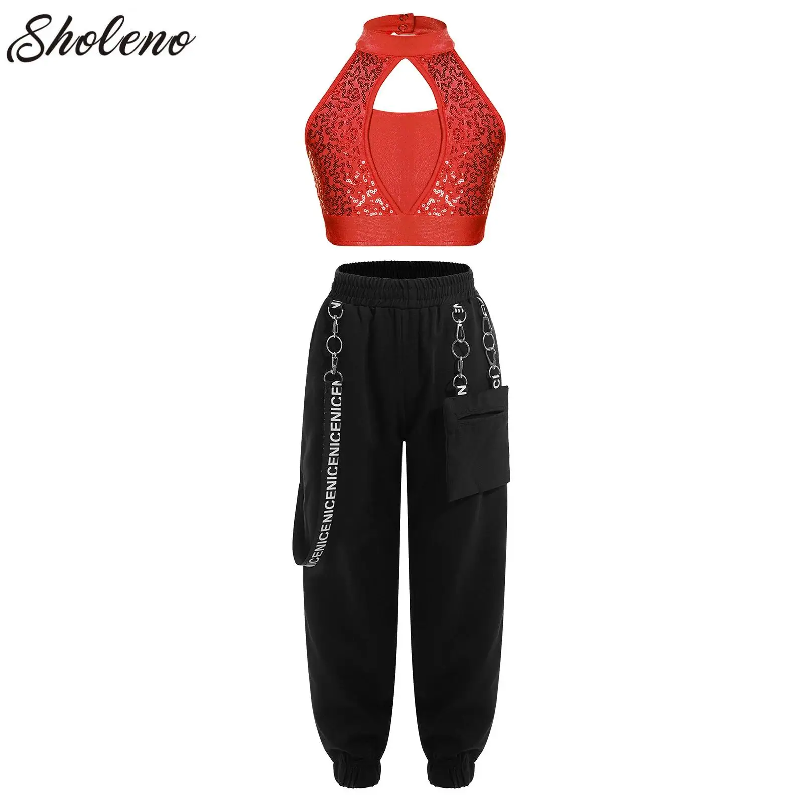 

Child Girls Jazz Dance Costumes Performance Sequin Hip-hop Dance for Kids Team Top Pants Shining Clothes Dancewear Set