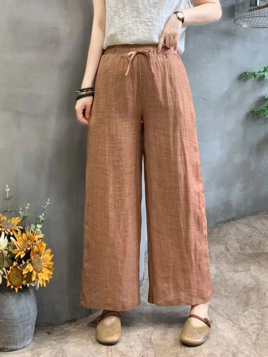 

Spring Summer Dstring Double Layer Pure Flax Wide Leg Pants Women Slim High Waist Loose Anti-Light Straight Leg Long Trousers