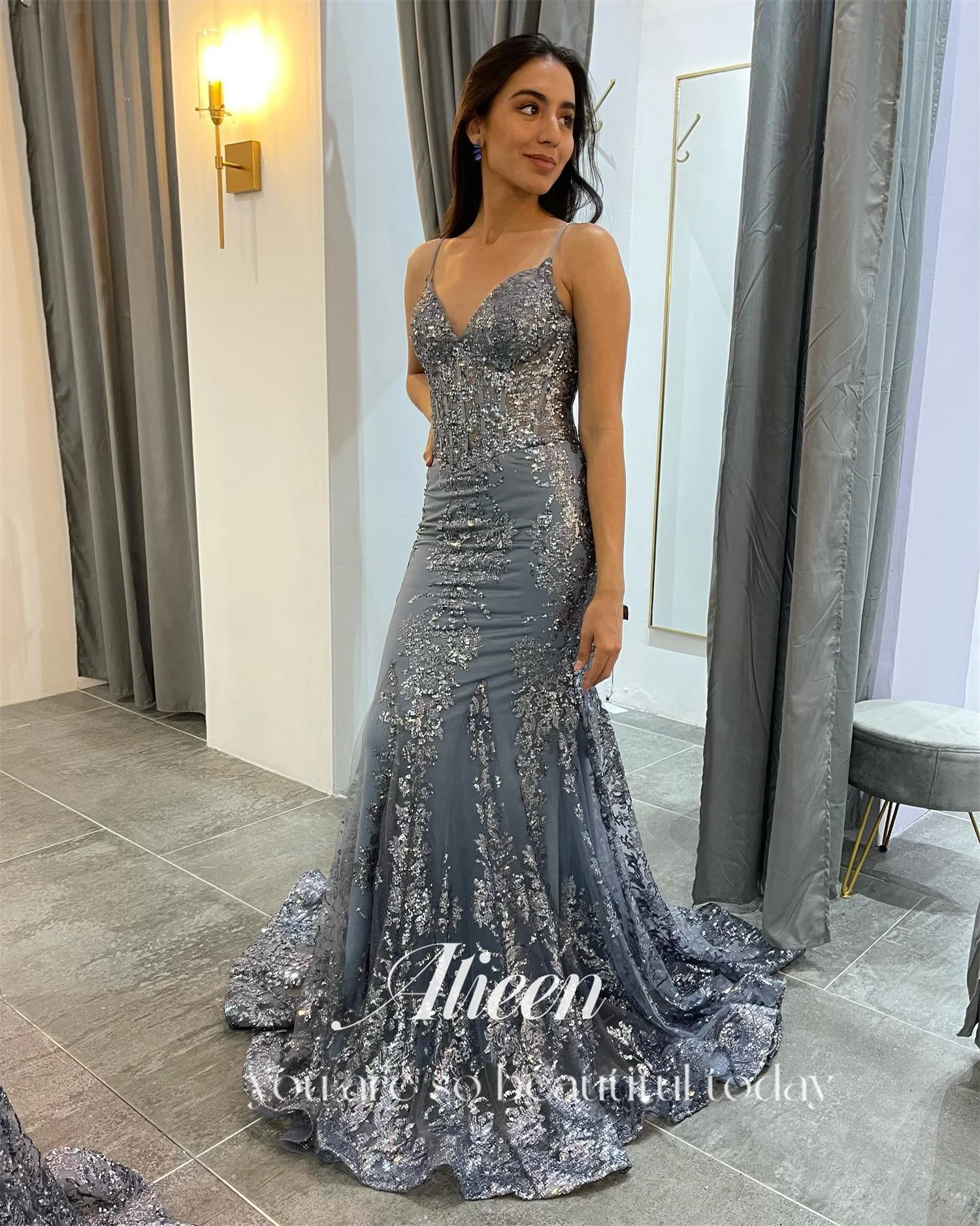 Aileen grey Shiny Luxury Mermaid Dress abiti da sposa elegante abito da sera 2024 Womens Midi New Prom Graduation Long Formal