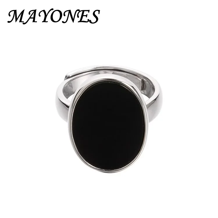 S925 Sterling Silver Black Agate Oval Ring Women's Classic European and American Round Label Geometric Design Jewelry